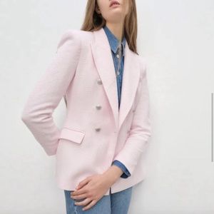 NEW ZARA WOMEN Textured Weave Jacket Tweed Blazer PINK XS